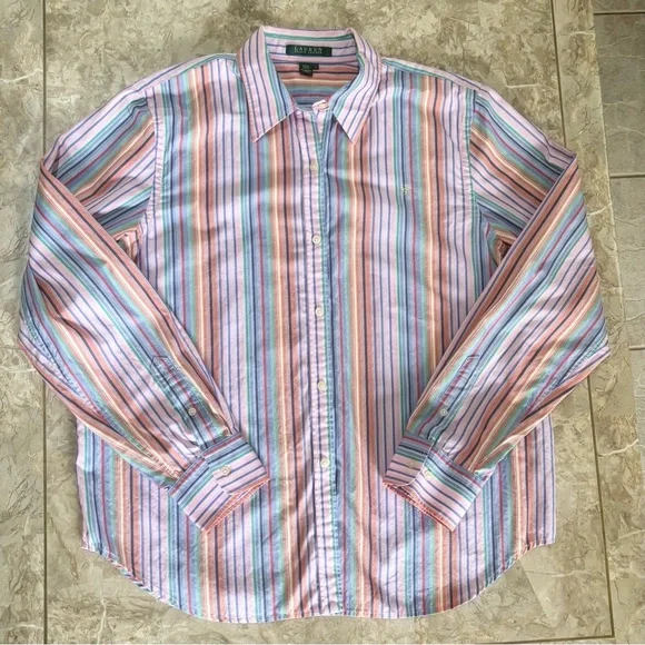 Lauren Ralph Lauren Multicolor Striped Button Front Shirt Size L 100% Cotton - Picture 8 of 10